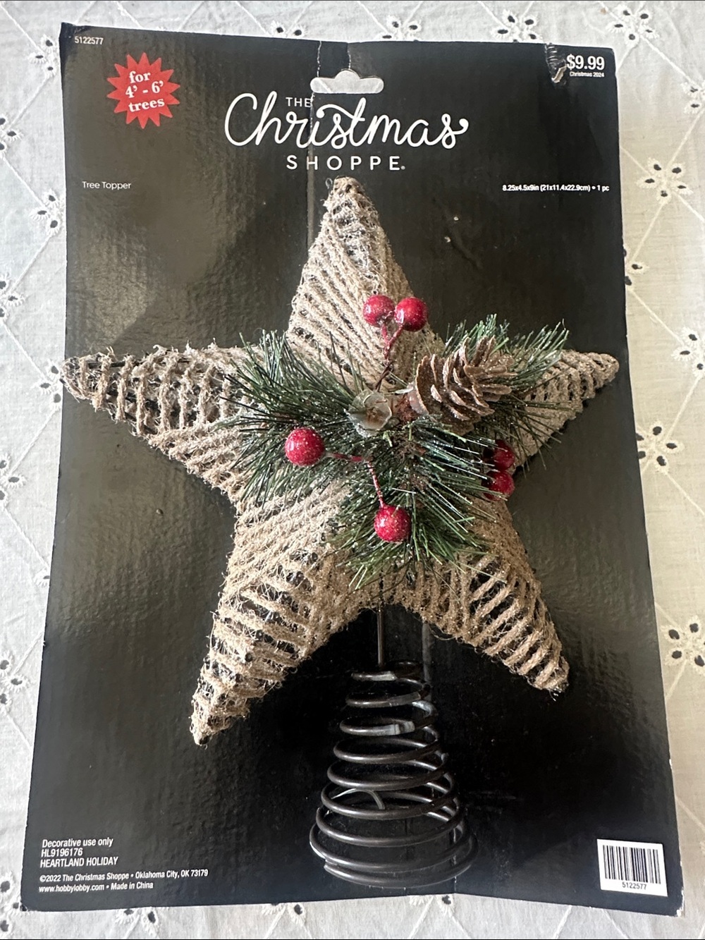 Burlap Star Tree Topper with Red Berry Accents New